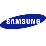 a blue samsung logo on a black background